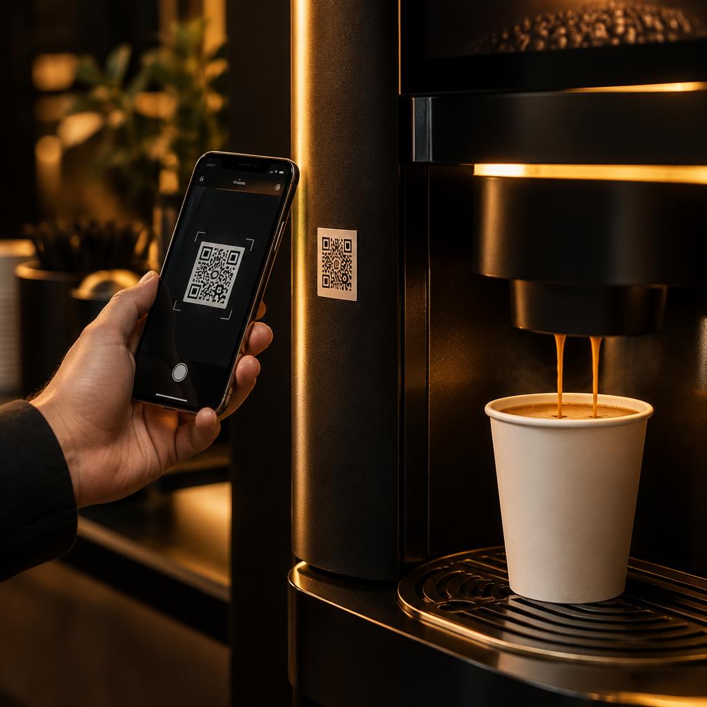 Imagen ilustrativa de una persona escaneando un código QR junto a una expendedora de café